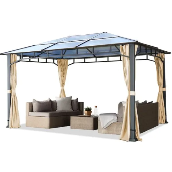 Telte & Lysthuse^TOOLPORT Havepavillon 3x4 m aluminium polycarbonat tag ca 8mm pavillon 4 sidegardiner champagnefarvet