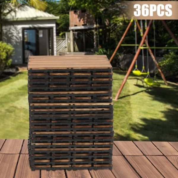 Sale Træ Interlocking Patio Dækfliser, 12x12 tommer, 36 PCS, Plade Tykkelse 8,66 mm, Maksimal Bæreevne 3T, Vandtæt Havedekorationer