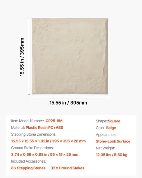 Havesten & Trædesten^Trædesten til have - Plastikfliser til gangsti - Sæt med 8 - 39,5 x 39,5 cm - Med jordspyd - Vejrbestandige - Til græsplæne/terrasse - Beige