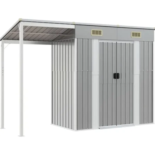 Clearance Trädgårdsbod i galvaniserat stål med förlängt tak | Färg: Ljusgrå | Storlek: 277x107x181 cm Skure, Garager & Carports