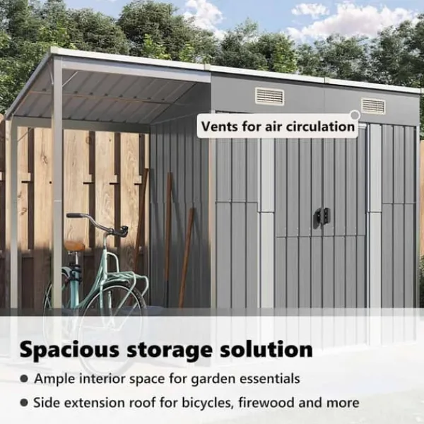Clearance Trädgårdsbod i galvaniserat stål med förlängt tak | Färg: Ljusgrå | Storlek: 277x107x181 cm Skure, Garager & Carports