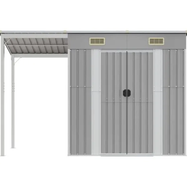 Clearance Trädgårdsbod i galvaniserat stål med förlängt tak | Färg: Ljusgrå | Storlek: 277x107x181 cm Skure, Garager & Carports