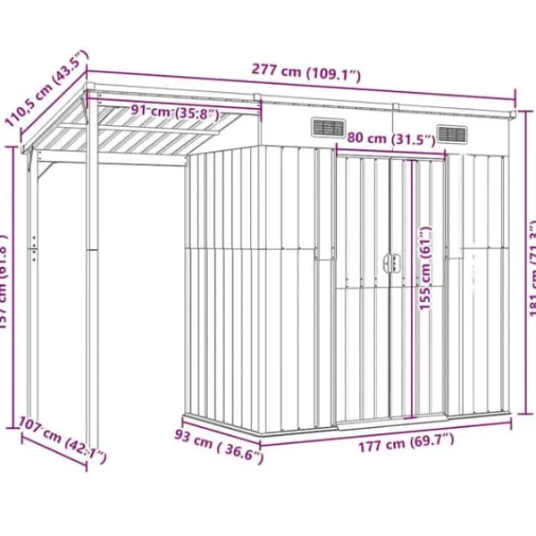 Clearance Trädgårdsbod i galvaniserat stål med förlängt tak | Färg: Ljusgrå | Storlek: 277x107x181 cm Skure, Garager & Carports