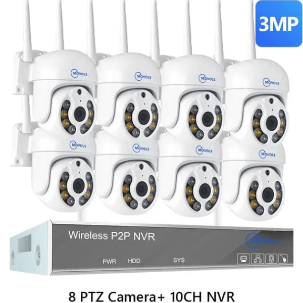 Sikkerhedsmonitorer & Videokameraer^Trådløst CCTV-system, AI-detektion, To-vejs lyd,10CH 3MP Med 8 PTZ, Ingen