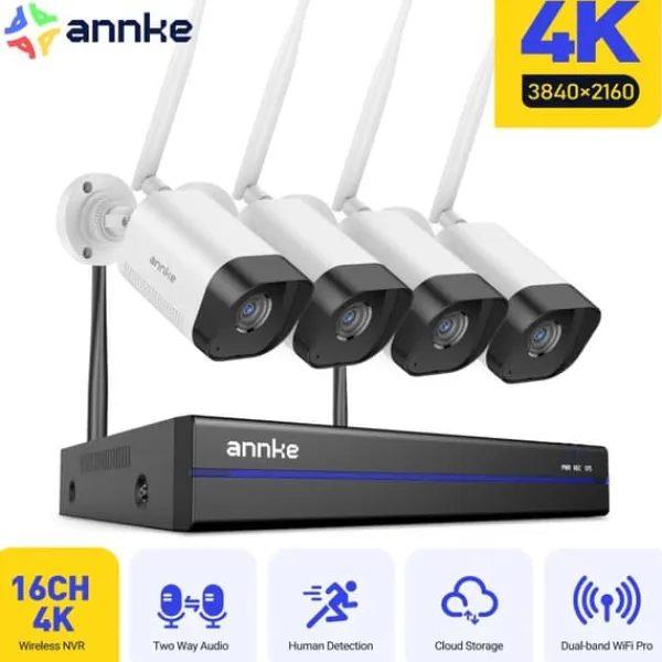 Sikkerhedsmonitorer & Videokameraer^Trådløst CCTV-system, 8MP opløsning, tovejskommunikation,2T, 16CH NVR 4Stk Kamera