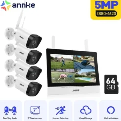 Best Trådløst CCTV-system, 7-tommer berøringsskærm, tovejskommunikation,5MP 4PCS Kamera 64G Sikkerhedsmonitorer & Videokameraer