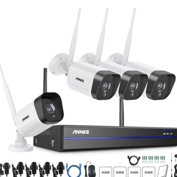 Online Trådløst Sikkerhedskamerasystem, 3MP Video, 100ft Natvision,4 kameraer, 1T Sikkerhedsmonitorer & Videokameraer