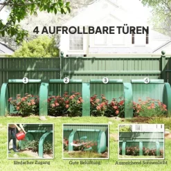 Clearance Tunneldrivhus, 4 vinduer med lynlås, stålramme, kraftig presenning, 395 x 100 x 80 cm, Grøn Drivhus