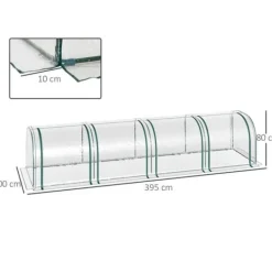 Drivhus^Tunneldrivhus 395x100x80 cm, 4 lynlåsvinduer, stålramme, transparent dug