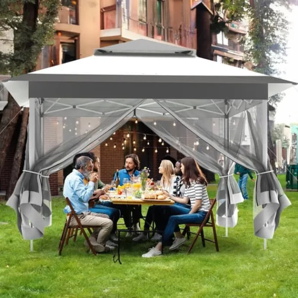 Best Udendørs pavillon 3.3 x 3.3 m, Pop-up gazebo, Lysegrå, 4 aftagelige myggenet, UV- og regntæt, Dobbelt tag, sammenklappelig Telte & Lysthuse