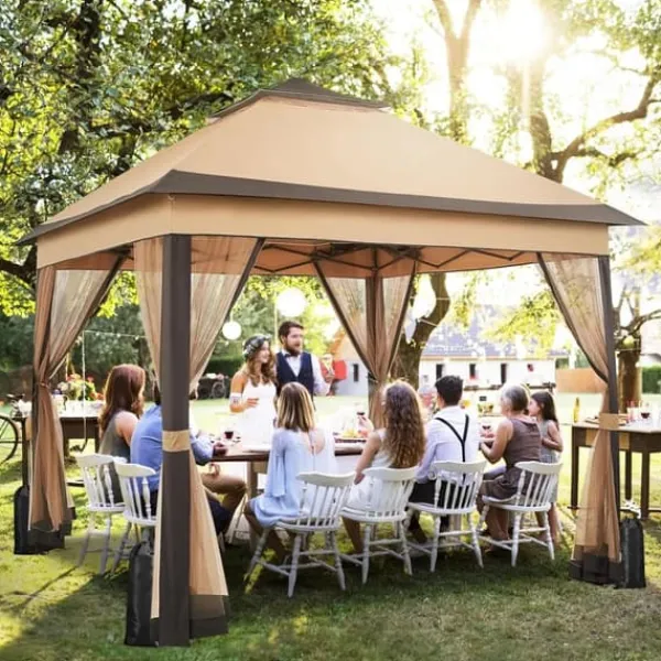 Best Udendørs pavillon 3.3 x 3.3 m, Pop-up gazebo, Lysegrå, 4 aftagelige myggenet, UV- og regntæt, Dobbelt tag, sammenklappelig Telte & Lysthuse