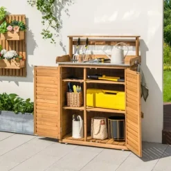 Plantningsbænke^Udendørs plantebord arbejdsstation, 86x46x119 cm, Naturfarvet