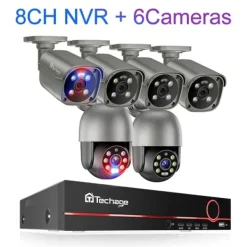 Sikkerhedsmonitorer & Videokameraer^Udendørs PTZ POE kamera system, AI menneskelig detektion, to-vejs samtale, , None, 8CH 6 Cameras