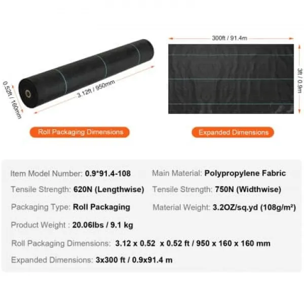Clearance Ukrudtsdug, 91x9144 cm, Sort, Polypropylen Haveduge