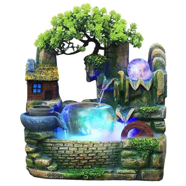 Sale Vandfaldspringvand, oplysende krystalkugle, Feng Shui-hjul,Brun og grøn Springvand & Damme