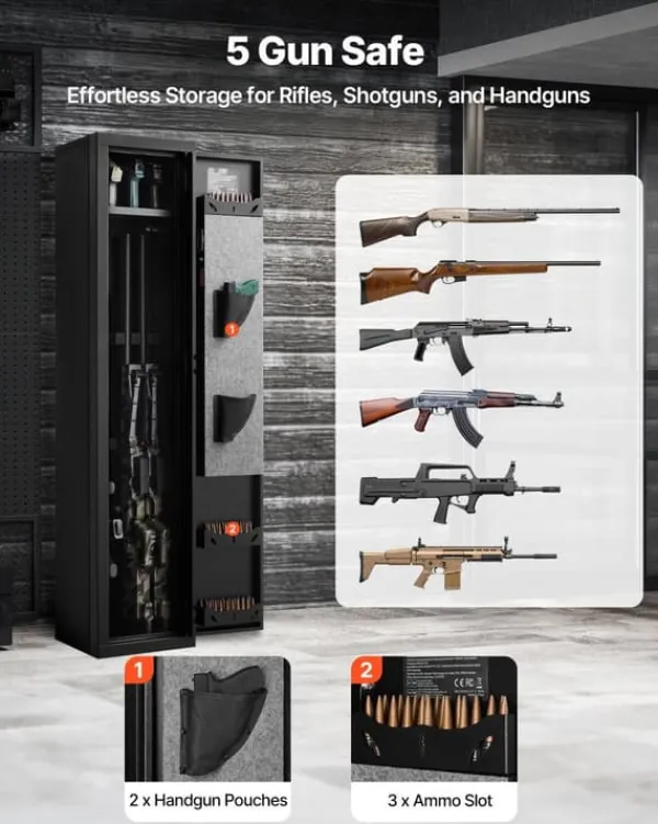 Pengeskabe^Våbenskab - Riffelskab med Fingeraftryk - Brandsikkert Koldvalset Stål - Biometrisk Kodelås - Justerbare Hylder - Til Rifler og Pistoler