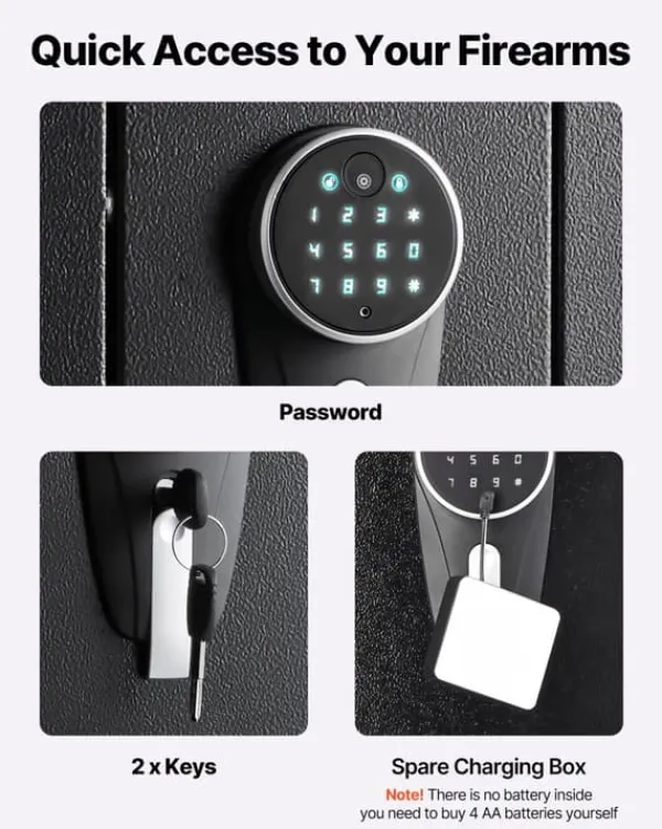 Pengeskabe^Våbenskab - Rifleskab til langvåben - Koldvalset stål - Brandsikkert - Digitalt tastatur - Ammunitionsboks - Til rifler og haglgevær - LED-belysning | CDON