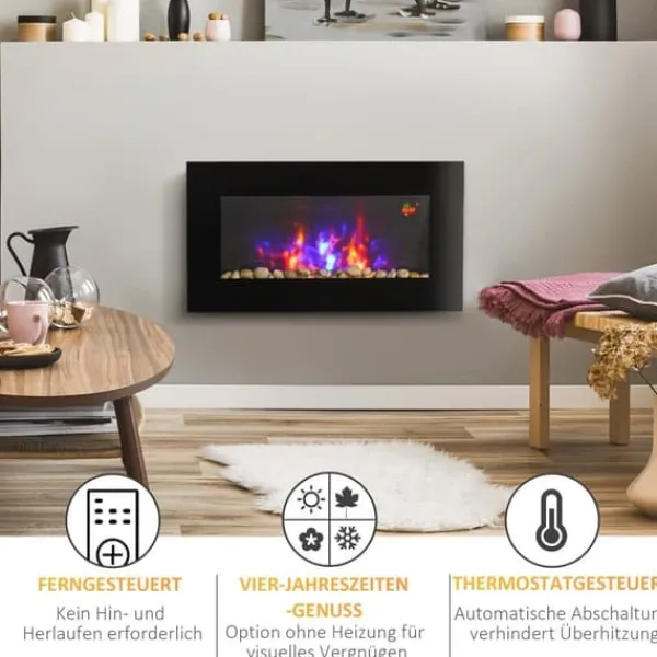 Vægpejs 1000/2000 W med LED-flammeeffekt i 7 farver, fjernbetjening, sort Pejse