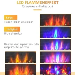 Vægpejs 1000/2000 W med LED-flammeeffekt i 7 farver, fjernbetjening, sort Pejse