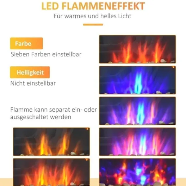 Vægpejs 1000/2000 W med LED-flammeeffekt i 7 farver, fjernbetjening, sort Pejse
