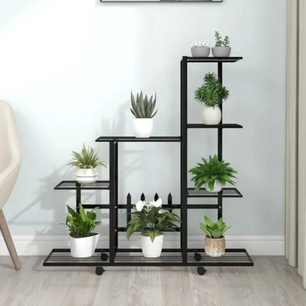 Discount blomsterstativ med hjul 94,5x25x92,5 cm metal sort - Planteborde Plantestativer