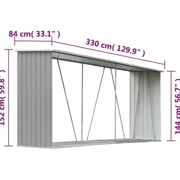 Online brændeskur til haven galvaniseret stål 330x84x152 cm grå Skure, Garager & Carports