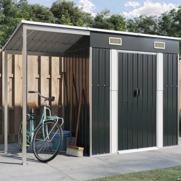 vidaXL Skure, Garager & Carports^haveskur med udvidet tag 277x110,5x181 cm stål antracitgrå - Skure & Redskabsskure