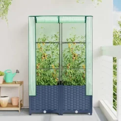 vidaXL Drivhus^højbed med drivhusovertræk 80x40x138 cm rattan-look