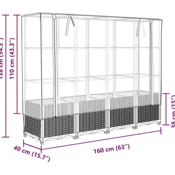 Online højbed med drivhusovertræk 160x40x138 cm rattan-look Drivhus
