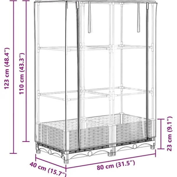 Online højbed med drivhusovertræk 80x40x123 cm rattan-look Drivhus