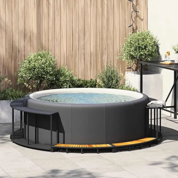 Sale spakant med opbevaring og trætrin polyrattan sort Spa & Udendørsbad