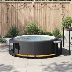 Sale spakant med opbevaring og trætrin polyrattan sort Spa & Udendørsbad