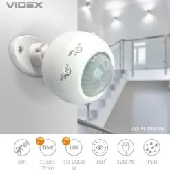 Best Videx infrarød bevægelses- og lyssensor IP20 effekt 1200W rækkevidde 8m vinkel 360° Bevægelsesdetektorer