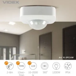 Discount Videx infrarød bevægelses- og lyssensor IP54 effekt 1200W rækkevidde 8m vinkel 360° Bevægelsesdetektorer