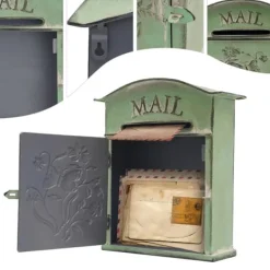 Best Vintage Postkasse - Vægmonteret Postkasse - Til Hegn - Præget Metal - Udendørs Brug - 27×10,5×31,2 cm - Brevindkast 9,5×1,5 cm - Grøn Postkasser & Brevindkast