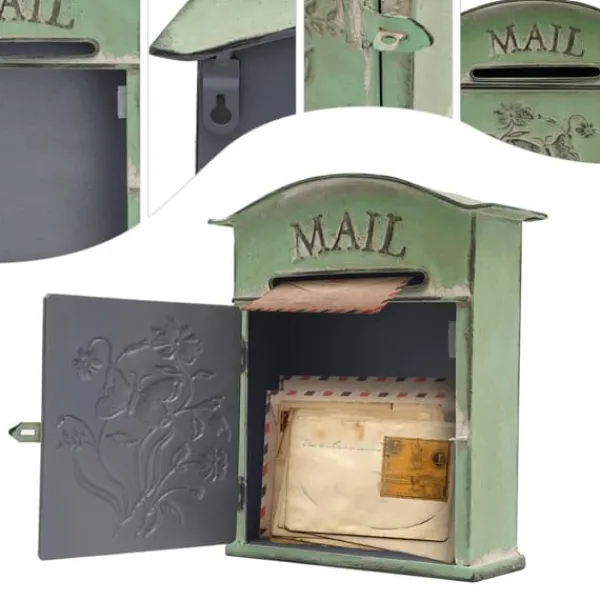 Best Vintage Postkasse - Vægmonteret Postkasse - Til Hegn - Præget Metal - Udendørs Brug - 27×10,5×31,2 cm - Brevindkast 9,5×1,5 cm - Grøn Postkasser & Brevindkast
