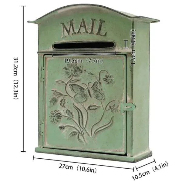 New Vintage udendørs postkasse - Vægmonteret - Metal - Sommerfugl- og blomstermønster - Rustik - Brevindkast 19,5×1,5 cm - 27×10,5×31,2 cm - Armygrøn Postkasser & Brevindkast
