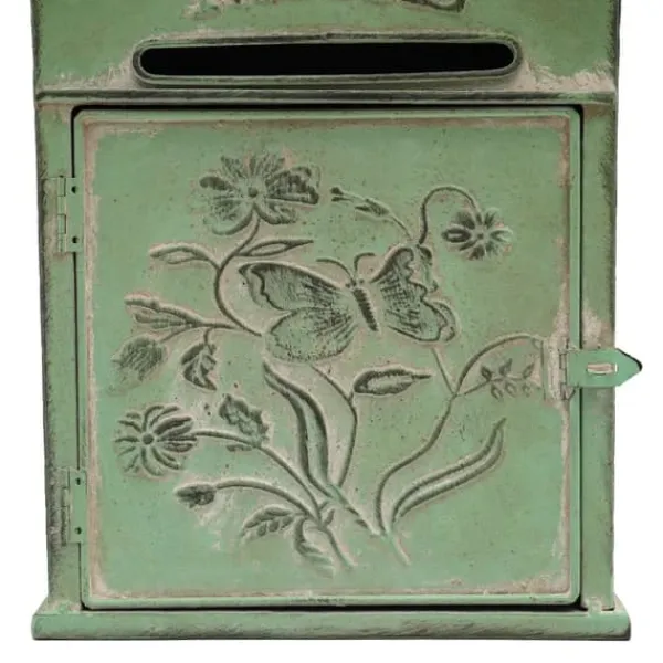 New Vintage udendørs postkasse - Vægmonteret - Metal - Sommerfugl- og blomstermønster - Rustik - Brevindkast 19,5×1,5 cm - 27×10,5×31,2 cm - Armygrøn Postkasser & Brevindkast