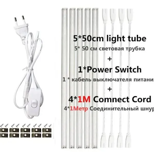 Kit Til Plante- & Urtedyrkning^Vækstlys, fuld spektrum LED, høj intensitet,EU stik, 5tube 1M kabel
