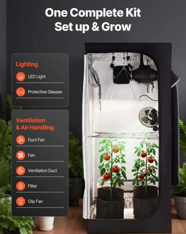 Hot Væksttelt sæt - Indendørs plantetelt - Størrelse 80 x 80 x 180 cm - Fuldspektrum LED grolys - Ventilationssystem - Højreflekterende Mylar 600D Kit Til Plante- & Urtedyrkning