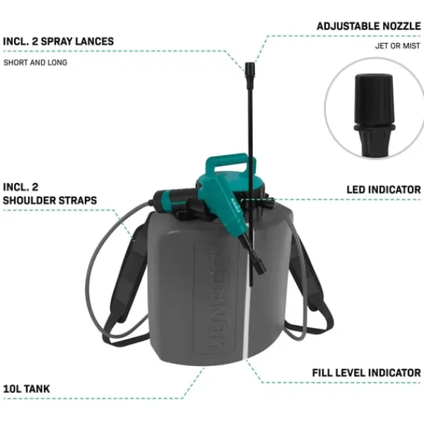 Clearance Elektrisk Tryksprøjte 10L – 4V | Sprøjt uden at pumpe | Genopladelig 4V batteri | Inkl. kort & lang sprøjtelanse + USB-C kabel Haveværktøj