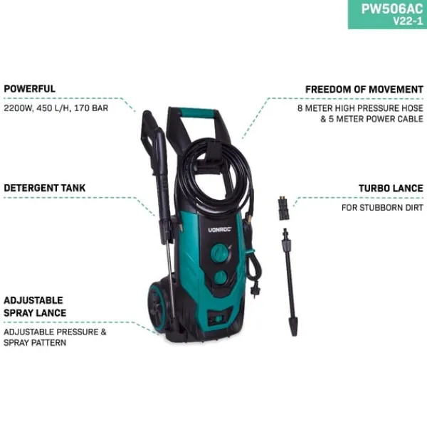 Online Højtryksrenser - 2200W | 170 bar, 450 l/t, sæbebeholder, spraypistol, turbo- og justerbar lanse, 8m slange, til bil og terrasse Havemaskiner