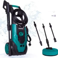 Vonroc Havemaskiner^Højtryksrenser -1800W | 140 bar, 420 l/t | Inkl. Terrassevasker, Turbo- og Justerbar Dyse, Sæbetank & Tilbehør
