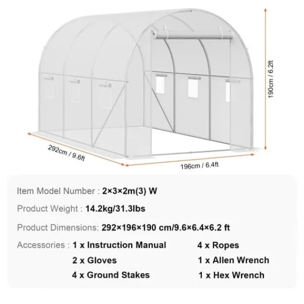 Hot Walk-in Tunnel Drivhus 9,58x6,43x6,23ft, Galvaniseret Ramme, PE Dække, Hvid, Holdbarhed, Effektiv Luftcirkulation Drivhus