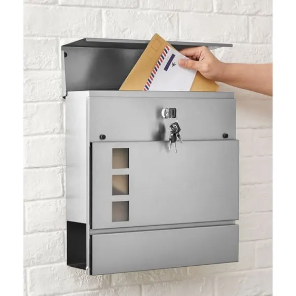Postkasser & Brevindkast^Wall Letterbox - Letterbox - Med avisboks - med lås - sølv