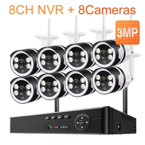 Clearance WiFi Overvågningskamera System, 3MP/5MP Opløsning, Nattesyn,8CH 8 Kamera 3MP, 3T Indbygget HDD Sikkerhedsmonitorer & Videokameraer