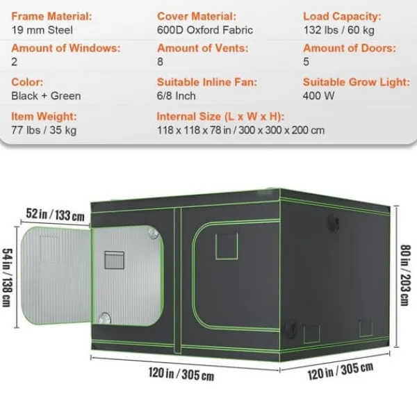 Best 10x10 hydroponisk voksetelt, 120'' x 120'' x 80'', højreflekterende 600D Mylar med vindue, værktøjstaske og gulvbakke til indendørs planter. Drivhus