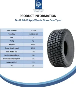 Havemaskiner^24x12.00-10 4-lags græsdæk til John Deere Gator plæneklipper 305/60-10 Utility P532