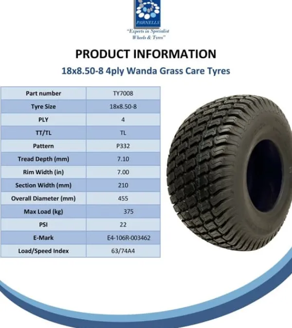 Havemaskiner^18x8.50-8 Plæneklipperdæk 4ply Multi Turf Grass Wanda P332 E-Marked Road Legal