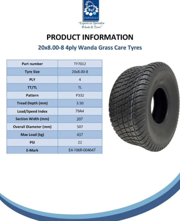 Havemaskiner^20x8.00-8 4ply Multi turf grass - Wanda P332 plæneklipperdæk på fælg med 4 knopper 4 inc
